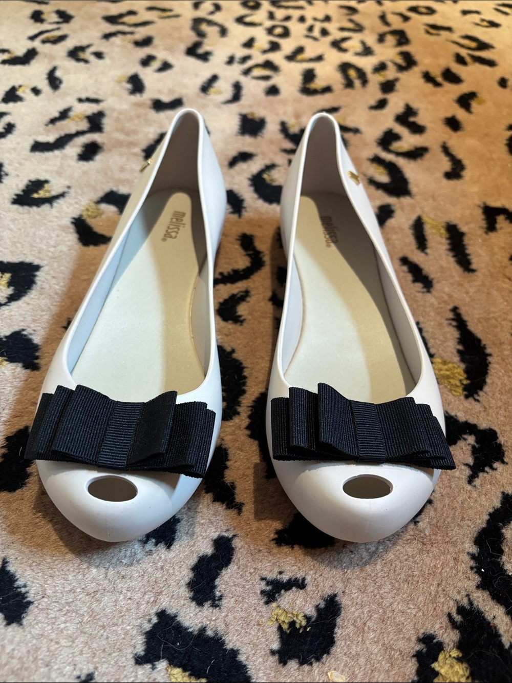 Melissa Ultra Sweet VIII Peep-Toe Flats with Black Bow Accent in Beige BNIB